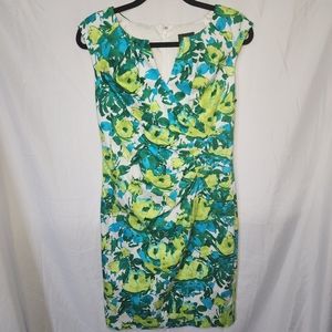 Adrianna Papell Womens 10P Sleeveless Floral Midi Ruched Dress White Teal Green